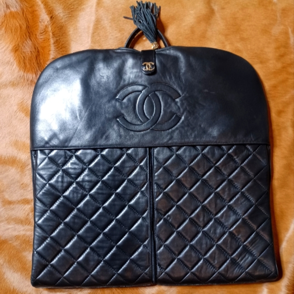 Chanel Black Quilted Lambskin CC Garment Bag Gold, 1980's